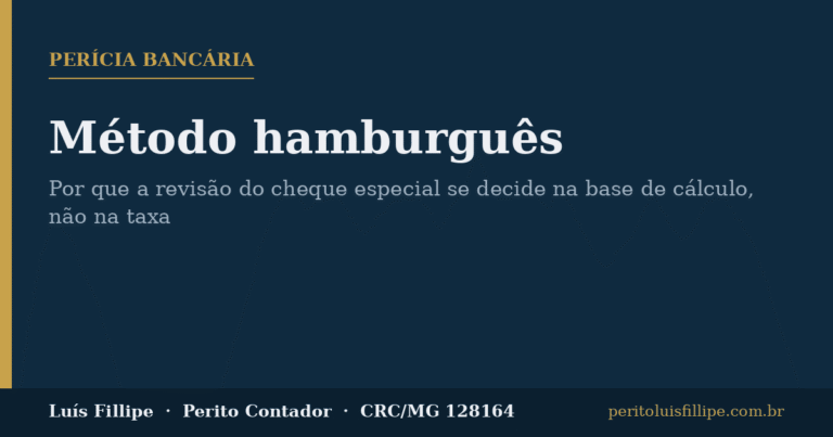 Perito contador demonstrando o cálculo de juros pelo método hamburguês sobre o saldo devedor de cheque especial